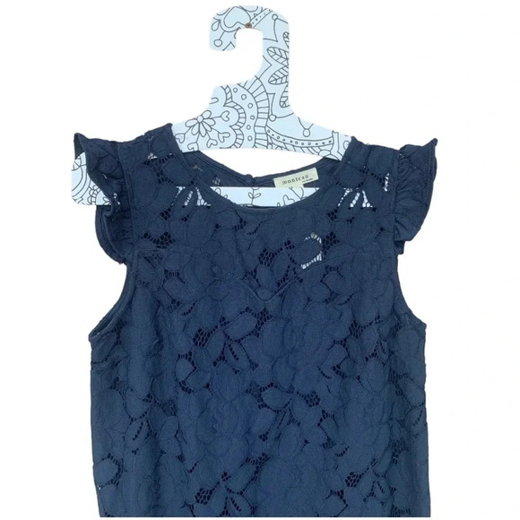 NWT MONTEAU Los Angeles Navy Blue Lace Shift Mini Dress Short Flutter Sleeve - Picture 2 of 9
